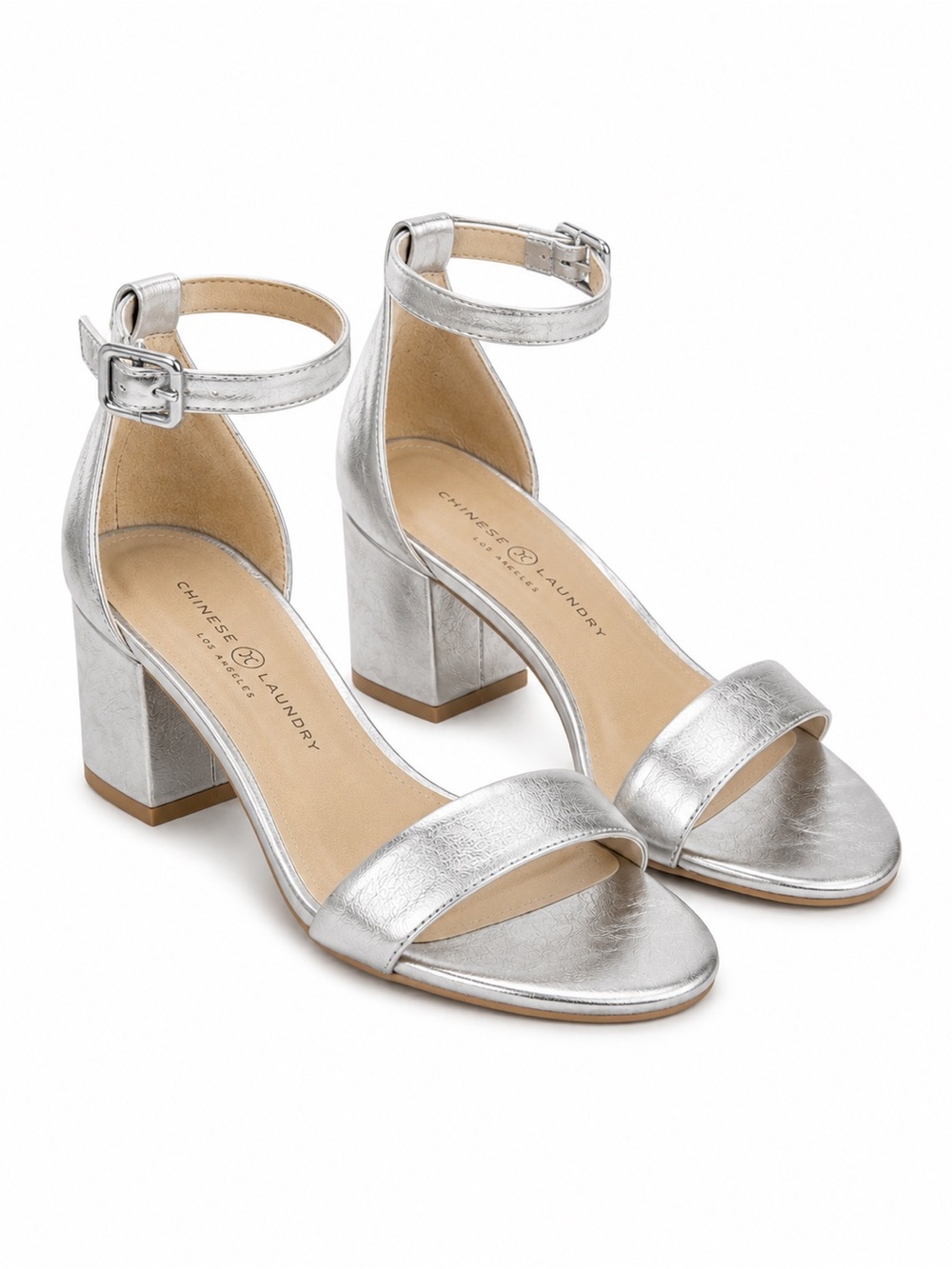 CL by Laundry Silver Ankle-Strap Block Heel Sandals size 8.5